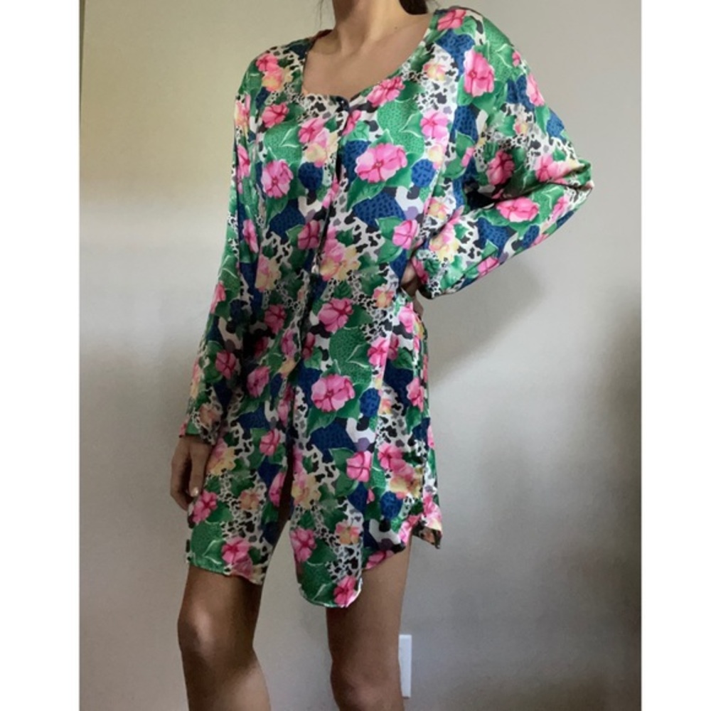Vintage Green Floral 100% Silk Pajama Tunic with Pink Flowers